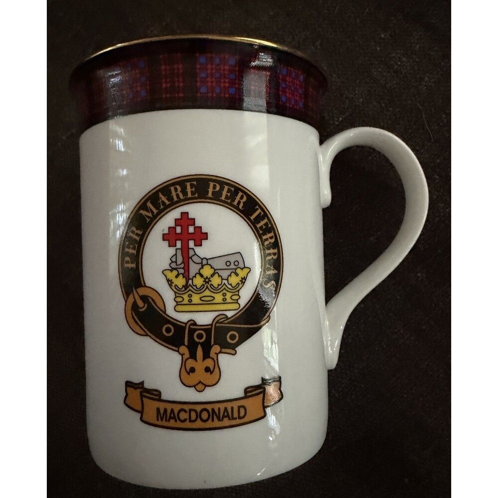 Scottish Clan MacDonald Crest Coffee Mug 8 Oz Gold Rim Porcelain Tartan Accent W